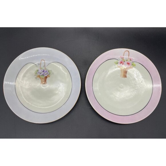 Antique Luncheon Plates Hand Painted Pink Cabbage Rose Purple Plate Wall Bavaria - Picture 4 of 10